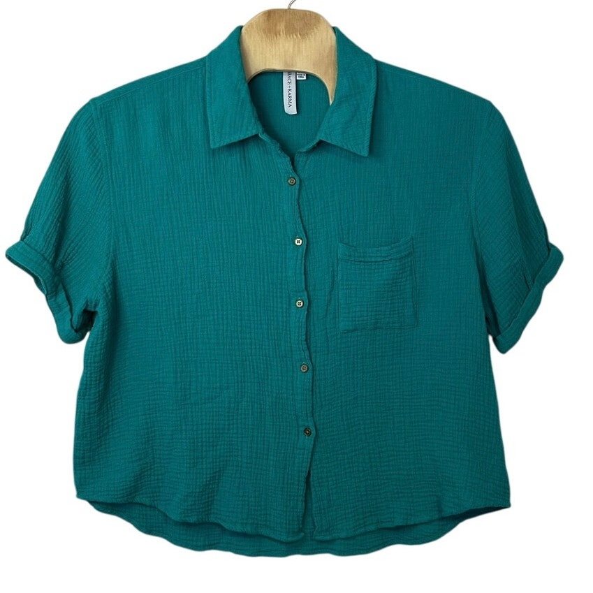 Grace + Karma Women’s Button Down Gauzy Muslin Cotton Top Size 2x Teal Beachy